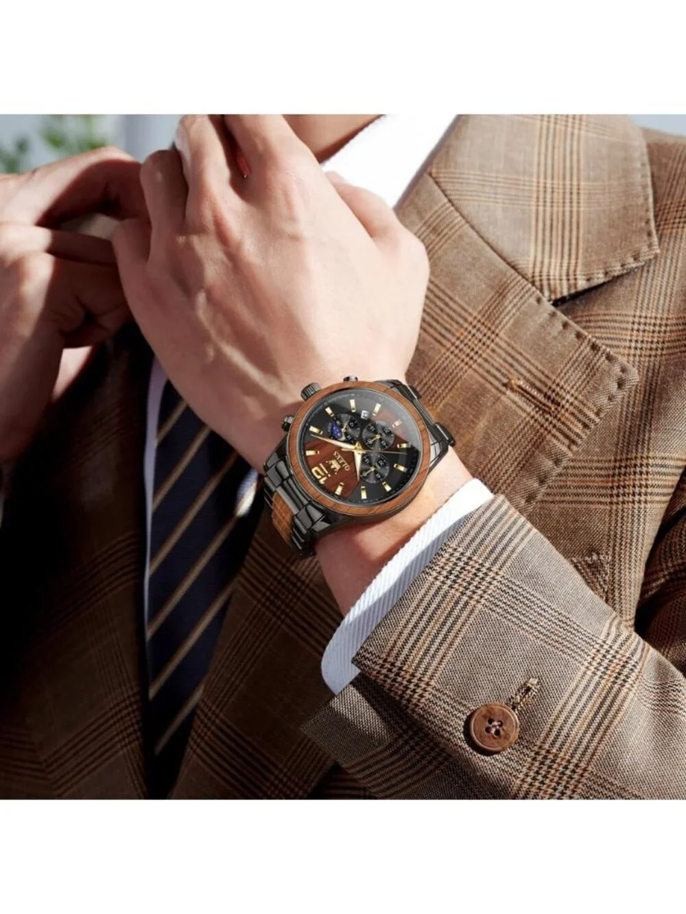 Men's Brown Quartz Stainless Steel Waterproof Luminous Date Luxury Wooden Watch